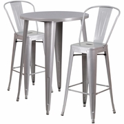 COMMERCIAL GRADE 30" ROUND SILVER METAL INDOOR-OUTDOOR BAR TABLE SET WITH 2 CAFE STOOLS: <font color=green>FREE SHIPPING!</font>