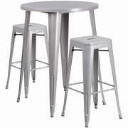 COMMERCIAL GRADE 30" ROUND SILVER METAL INDOOR-OUTDOOR BAR TABLE SET WITH 2 SQUARE SEAT BACKLESS STOOLS: <font color=green>FREE SHIPPING!</font>
