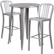 COMMERCIAL GRADE 30" ROUND SILVER METAL INDOOR-OUTDOOR BAR TABLE SET WITH 2 VERTICAL SLAT BACK STOOLS: <font color=green>FREE SHIPPING!</font>