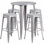 COMMERCIAL GRADE 30" ROUND SILVER METAL INDOOR-OUTDOOR BAR TABLE SET WITH 4 SQUARE SEAT BACKLESS STOOLS: <font color=green>FREE SHIPPING!</font>