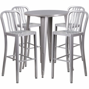 COMMERCIAL GRADE 30" ROUND SILVER METAL INDOOR-OUTDOOR BAR TABLE SET WITH 4 VERTICAL SLAT BACK STOOLS: <font color=green>FREE SHIPPING!</font>