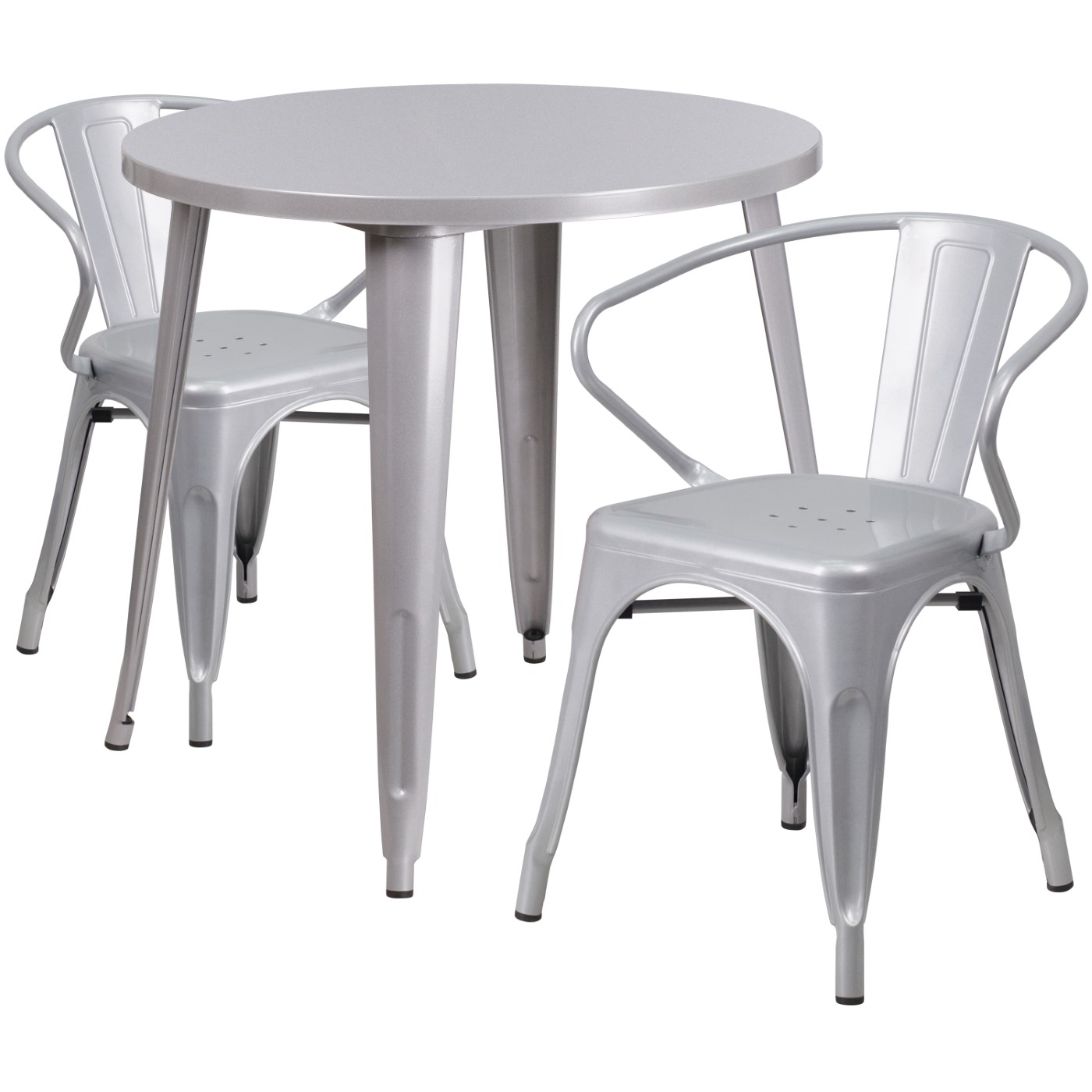 COMMERCIAL GRADE 30" ROUND SILVER METAL INDOOR-OUTDOOR TABLE SET WITH 2 ARM CHAIRS: <font color=green>FREE SHIPPING!</font> COMMERCIAL GRADE 30" ROUND SILVER METAL INDOOR-OUTDOOR TABLE SET WITH 2 ARM CHAIRS: <font color=green>FREE SHIPPING!</font>
