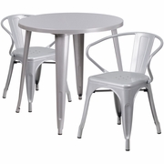 COMMERCIAL GRADE 30" ROUND SILVER METAL INDOOR-OUTDOOR TABLE SET WITH 2 ARM CHAIRS: <font color=green>FREE SHIPPING!</font>
