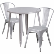 COMMERCIAL GRADE 30" ROUND SILVER METAL INDOOR-OUTDOOR TABLE SET WITH 2 CAFE CHAIRS: <font color=green>FREE SHIPPING!</font>