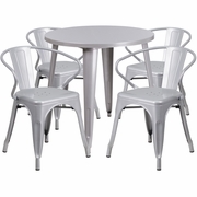 COMMERCIAL GRADE 30" ROUND SILVER METAL INDOOR-OUTDOOR TABLE SET WITH 4 ARM CHAIRS: <font color=green>FREE SHIPPING!</font>
