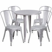 COMMERCIAL GRADE 30" ROUND SILVER METAL INDOOR-OUTDOOR TABLE SET WITH 4 CAFE CHAIRS: <font color=green>FREE SHIPPING!</font>