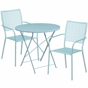 COMMERCIAL GRADE 30" ROUND SKY BLUE INDOOR-OUTDOOR STEEL FOLDING PATIO TABLE SET WITH 2 SQUARE BACK CHAIRS: <font color=green>FREE SHIPPING!</font>