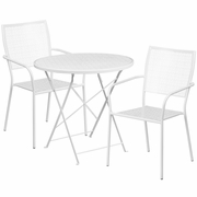 COMMERCIAL GRADE 30" ROUND WHITE INDOOR-OUTDOOR STEEL FOLDING PATIO TABLE SET WITH 2 SQUARE BACK CHAIRS <font color=green>FREE SHIPPING!</font>