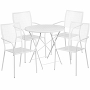 COMMERCIAL GRADE 30" ROUND WHITE INDOOR-OUTDOOR STEEL FOLDING PATIO TABLE SET WITH 4 SQUARE BACK CHAIRS <font color=green>FREE SHIPPING!</font>