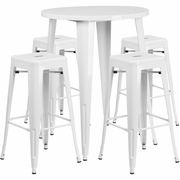 COMMERCIAL GRADE 30" ROUND WHITE METAL INDOOR-OUTDOOR BAR TABLE SET WITH 4 SQUARE SEAT BACKLESS STOOLS <font color=green>FREE SHIPPING!</font>