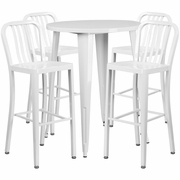 COMMERCIAL GRADE 30" ROUND WHITE METAL INDOOR-OUTDOOR BAR TABLE SET WITH 4 VERTICAL SLAT BACK STOOLS <font color=green>FREE SHIPPING!</font>