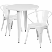 COMMERCIAL GRADE 30" ROUND WHITE METAL INDOOR-OUTDOOR TABLE SET WITH 2 ARM CHAIRS: <font color=green>FREE SHIPPING!</font>