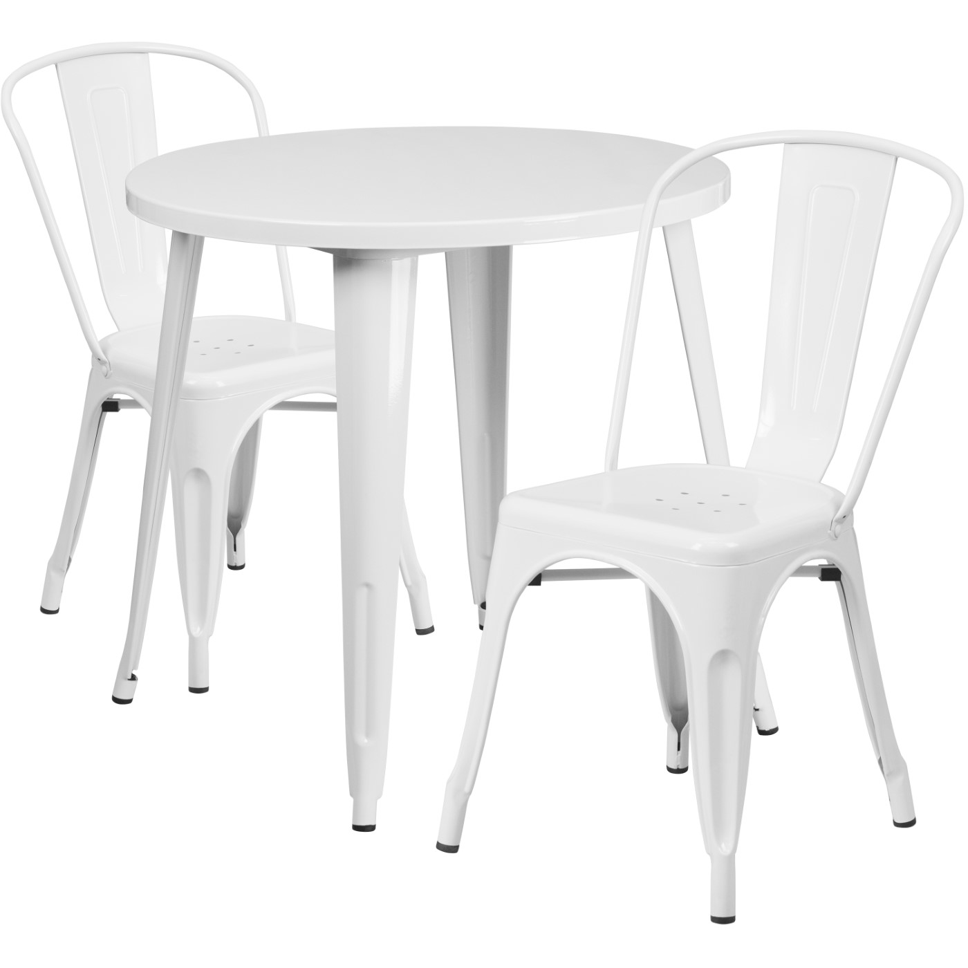 COMMERCIAL GRADE 30" ROUND WHITE METAL INDOOR-OUTDOOR TABLE SET WITH 2 CAFE CHAIRS: <font color=green>FREE SHIPPING!</font> COMMERCIAL GRADE 30" ROUND WHITE METAL INDOOR-OUTDOOR TABLE SET WITH 2 CAFE CHAIRS: <font color=green>FREE SHIPPING!</font>
