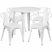 COMMERCIAL GRADE 30" ROUND WHITE METAL INDOOR-OUTDOOR TABLE SET WITH 4 ARM CHAIRS: <font color=green>FREE SHIPPING!</font>