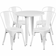 COMMERCIAL GRADE 30" ROUND WHITE METAL INDOOR-OUTDOOR TABLE SET WITH 4 CAFE CHAIRS: <font color=green>FREE SHIPPING!</font>