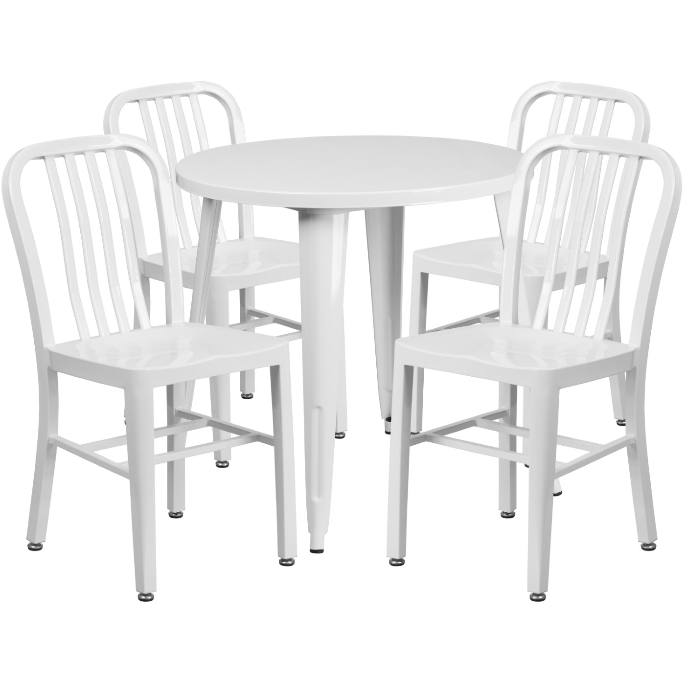 COMMERCIAL GRADE 30" ROUND WHITE METAL INDOOR-OUTDOOR TABLE SET WITH 4 VERTICAL SLAT BACK CHAIRS: <font color=green>FREE SHIPPING!</font> COMMERCIAL GRADE 30" ROUND WHITE METAL INDOOR-OUTDOOR TABLE SET WITH 4 VERTICAL SLAT BACK CHAIRS: <font color=green>FREE SHIPPING!</font>