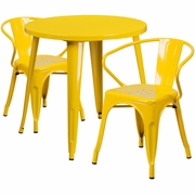 COMMERCIAL GRADE 30" ROUND YELLOW METAL INDOOR-OUTDOOR TABLE SET WITH 2 ARM CHAIRS: <font color=green>FREE SHIPPING!</font>