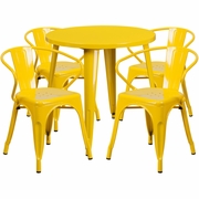 COMMERCIAL GRADE 30" ROUND YELLOW METAL INDOOR-OUTDOOR TABLE SET WITH 4 ARM CHAIRS: <font color=green>FREE SHIPPING!</font>