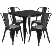 COMMERCIAL GRADE 31.5" SQUARE BLACK METAL INDOOR-OUTDOOR TABLE SET WITH 4 STACK CHAIRS <font color=green>FREE SHIPPING!</font>