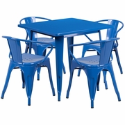 COMMERCIAL GRADE 31.5" SQUARE BLUE METAL INDOOR-OUTDOOR TABLE SET WITH 4 ARM CHAIRS: <font color=green>FREE SHIPPING!</font>