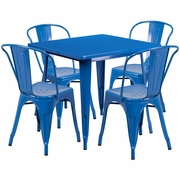 COMMERCIAL GRADE 31.5" SQUARE BLUE METAL INDOOR-OUTDOOR TABLE SET WITH 4 STACK CHAIRS <font color=green>FREE SHIPPING!</font>