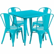 COMMERCIAL GRADE 31.5" SQUARE CRYSTAL TEAL-BLUE METAL INDOOR-OUTDOOR TABLE SET WITH 4 STACK CHAIRS <font color=green>FREE SHIPPING!</font>