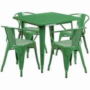 COMMERCIAL GRADE 31.5" SQUARE GREEN METAL INDOOR-OUTDOOR TABLE SET WITH 4 ARM CHAIRS <font color=green>FREE SHIPPING!</font>