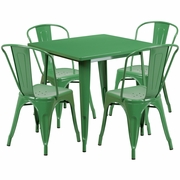 COMMERCIAL GRADE 31.5" SQUARE GREEN METAL INDOOR-OUTDOOR TABLE SET WITH 4 STACK CHAIRS <font color=green>FREE SHIPPING!</font>