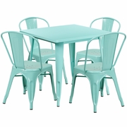 COMMERCIAL GRADE 31.5" SQUARE MINT GREEN METAL INDOOR-OUTDOOR TABLE SET WITH 4 STACK CHAIRS: <font color=green>FREE SHIPPING!</font>
