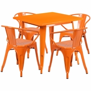COMMERCIAL GRADE 31.5" SQUARE ORANGE METAL INDOOR-OUTDOOR TABLE SET WITH 4 ARM CHAIRS <font color=green>FREE SHIPPING!</font>