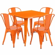 COMMERCIAL GRADE 31.5" SQUARE ORANGE METAL INDOOR-OUTDOOR TABLE SET WITH 4 STACK CHAIRS <font color=green>FREE SHIPPING!</font>