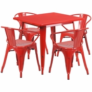 COMMERCIAL GRADE 31.5" SQUARE RED METAL INDOOR-OUTDOOR TABLE SET WITH 4 ARM CHAIRS <font color=green>FREE SHIPPING!</font>