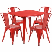 COMMERCIAL GRADE 31.5" SQUARE RED METAL INDOOR-OUTDOOR TABLE SET WITH 4 STACK CHAIRS <font color=green>FREE SHIPPING!</font>