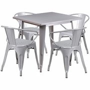 COMMERCIAL GRADE 31.5" SQUARE SILVER METAL INDOOR-OUTDOOR TABLE SET WITH 4 ARM CHAIRS: <font color=green>FREE SHIPPING!</font>