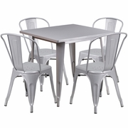 COMMERCIAL GRADE 31.5" SQUARE SILVER METAL INDOOR-OUTDOOR TABLE SET WITH 4 STACK CHAIRS: <font color=green>FREE SHIPPING!</font>