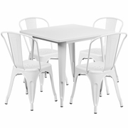 COMMERCIAL GRADE 31.5" SQUARE WHITE METAL INDOOR-OUTDOOR TABLE SET WITH 4 STACK CHAIRS: <font color=green>FREE SHIPPING!</font>