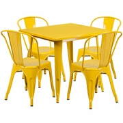 COMMERCIAL GRADE 31.5" SQUARE YELLOW METAL INDOOR-OUTDOOR TABLE SET WITH 4 STACK CHAIRS <font color=green>FREE SHIPPING!</font>