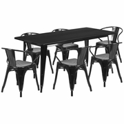 COMMERCIAL GRADE 31.5" X 63" RECTANGULAR BLACK METAL INDOOR-OUTDOOR TABLE SET WITH 6 ARM CHAIRS: <font color=green>FREE SHIPPING!</font>