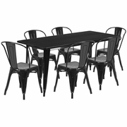 COMMERCIAL GRADE 31.5" X 63" RECTANGULAR BLACK METAL INDOOR-OUTDOOR TABLE SET WITH 6 STACK CHAIRS <font color=green>FREE SHIPPING!</font>