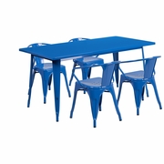 COMMERCIAL GRADE 31.5" X 63" RECTANGULAR BLUE METAL INDOOR-OUTDOOR TABLE SET WITH 4 ARM CHAIRS: <font color=green>FREE SHIPPING!</font>