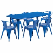 COMMERCIAL GRADE 31.5" X 63" RECTANGULAR BLUE METAL INDOOR-OUTDOOR TABLE SET WITH 6 ARM CHAIRS: <font color=green>FREE SHIPPING!</font>