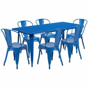 COMMERCIAL GRADE 31.5" X 63" RECTANGULAR BLUE METAL INDOOR-OUTDOOR TABLE SET WITH 6 STACK CHAIRS <font color=green>FREE SHIPPING!</font>