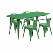 COMMERCIAL GRADE 31.5" X 63" RECTANGULAR GREEN METAL INDOOR-OUTDOOR TABLE SET WITH 4 ARM CHAIRS <font color=green>FREE SHIPPING!</font>