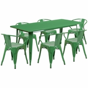 COMMERCIAL GRADE 31.5" X 63" RECTANGULAR GREEN METAL INDOOR-OUTDOOR TABLE SET WITH 6 ARM CHAIRS <font color=green>FREE SHIPPING!</font>
