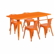 COMMERCIAL GRADE 31.5" X 63" RECTANGULAR ORANGE METAL INDOOR-OUTDOOR TABLE SET WITH 4 ARM CHAIRS <font color=green>FREE SHIPPING!</font>