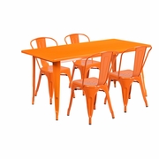 COMMERCIAL GRADE 31.5" X 63" RECTANGULAR ORANGE METAL INDOOR-OUTDOOR TABLE SET WITH 4 STACK CHAIRS: <font color=green>FREE SHIPPING!</font>