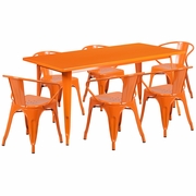 COMMERCIAL GRADE 31.5" X 63" RECTANGULAR ORANGE METAL INDOOR-OUTDOOR TABLE SET WITH 6 ARM CHAIRS <font color=green>FREE SHIPPING!</font>