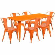 COMMERCIAL GRADE 31.5" X 63" RECTANGULAR ORANGE METAL INDOOR-OUTDOOR TABLE SET WITH 6 STACK CHAIRS: <font color=green>FREE SHIPPING!</font>