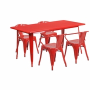 COMMERCIAL GRADE 31.5" X 63" RECTANGULAR RED METAL INDOOR-OUTDOOR TABLE SET WITH 4 ARM CHAIRS: <font color=green>FREE SHIPPING!</font>