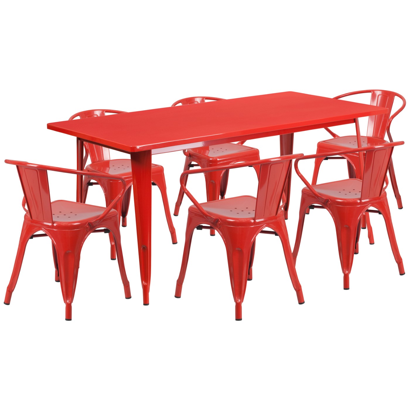 COMMERCIAL GRADE 31.5" X 63" RECTANGULAR RED METAL INDOOR-OUTDOOR TABLE SET WITH 6 ARM CHAIRS: <font color=green>FREE SHIPPING!</font> COMMERCIAL GRADE 31.5" X 63" RECTANGULAR RED METAL INDOOR-OUTDOOR TABLE SET WITH 6 ARM CHAIRS: <font color=green>FREE SHIPPING!</font>